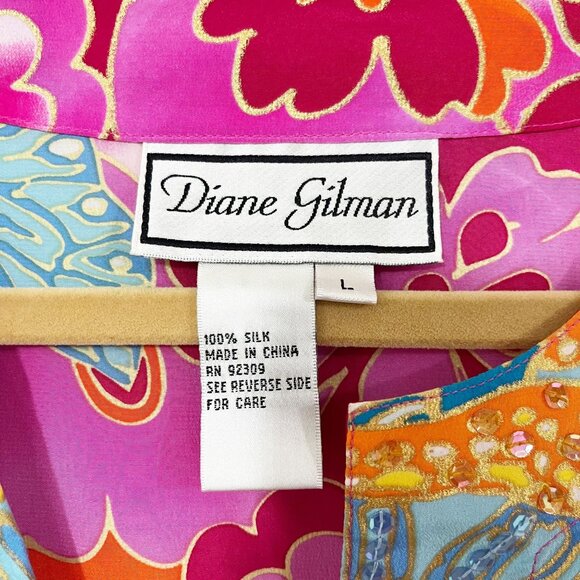 NEW Diane Gilman Pink Multicolor Beaded Artsy Long Sleeve Blouse Silk LARGE - Picture 6 of 8